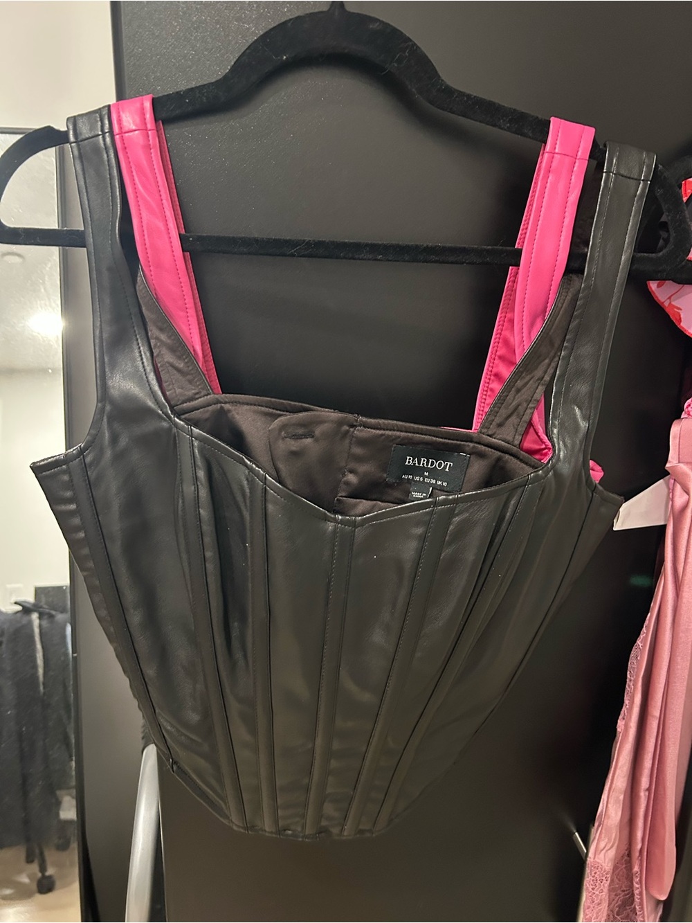 Bardot Black Faux Leather Corset Top with Hot Pink Straps